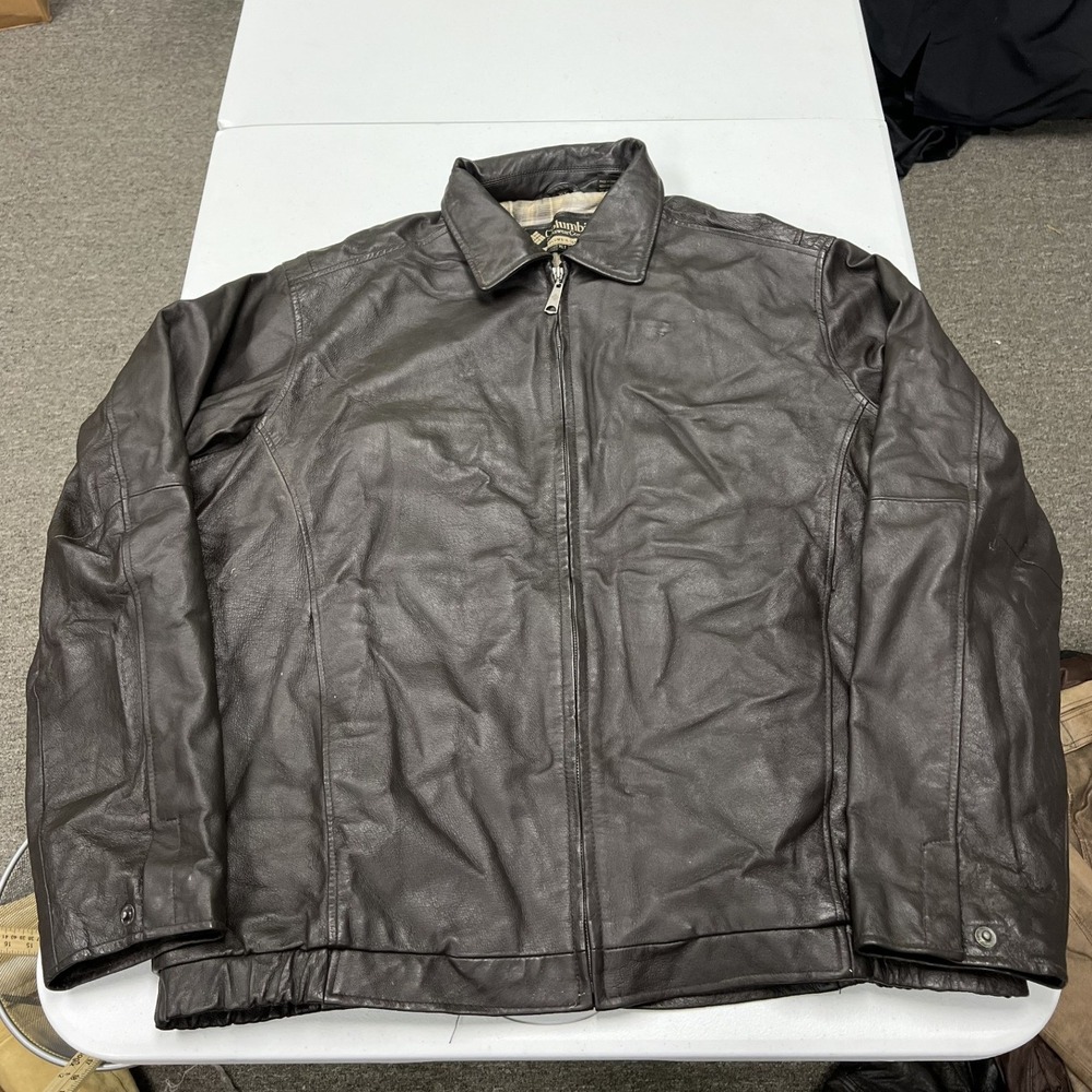 Columbia Leather Jacket Mens XLT Brown Full Zip Plaid Quilted Lined Heavyweight